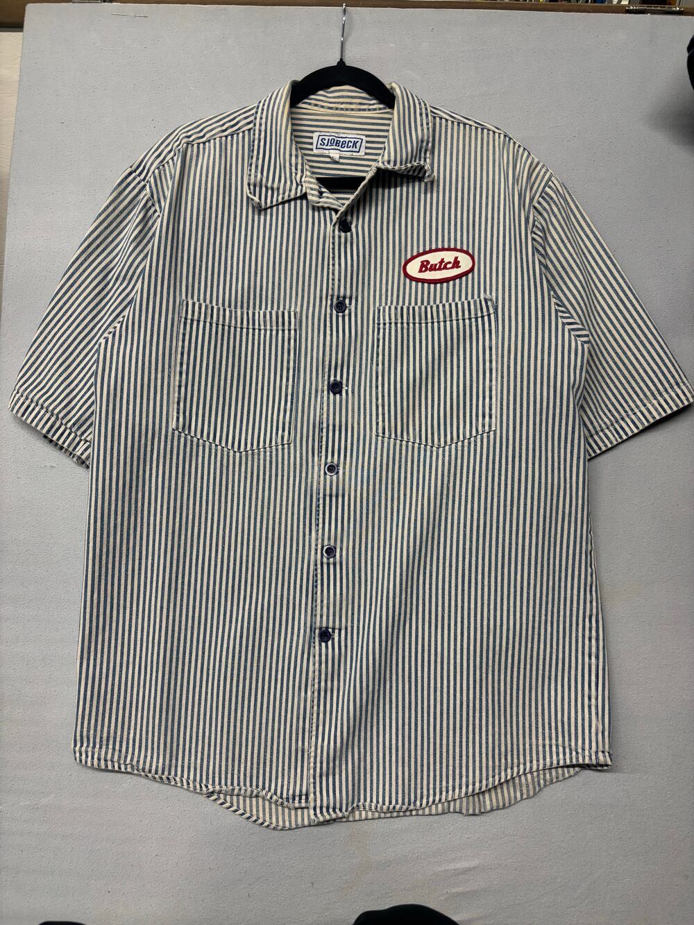 Vintage Sjobeck Blue White Striped Button Up Work Shirt Butch Patch Short Sleeve